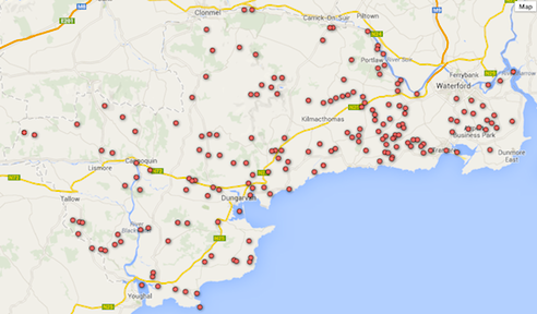 County Waterford map of wetlands after inclusion of new wetland sites in 2013